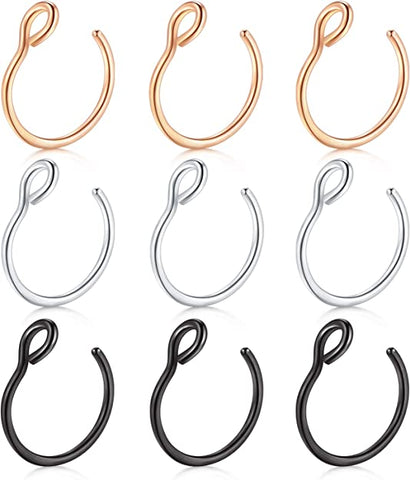 D.Bella Fake Nose Ring, 20G Faux Piercing Jewelry 8mm Fake Nose Ring Hoop for Faux Lip Septum Nose Ring Set