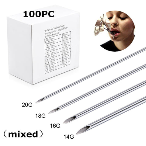 100PCS Mixed Body Piercing Needles,  Ear Nose Navel Nipple Lip Piercing Needles