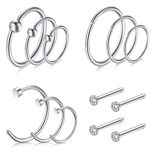 Nose Hoop 8mm 10mm 12mm, Nose Rings Hoop 16 Gauge Septum Rings Hoop for Lip Nose Helix Cartilage Piercing Rings