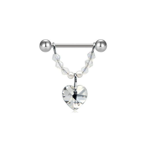 White Faux Opal Heart Captive Ring Straight Barbell Nipple Ring