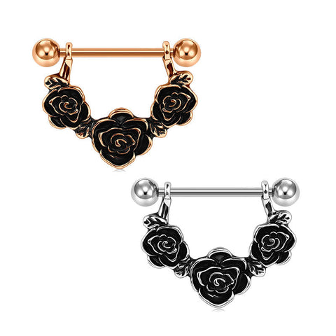 1 Pair 16mm Shield Nipple Ring Barbell Nipple Shield Ring Body Piercing Jewelry Rose flower design