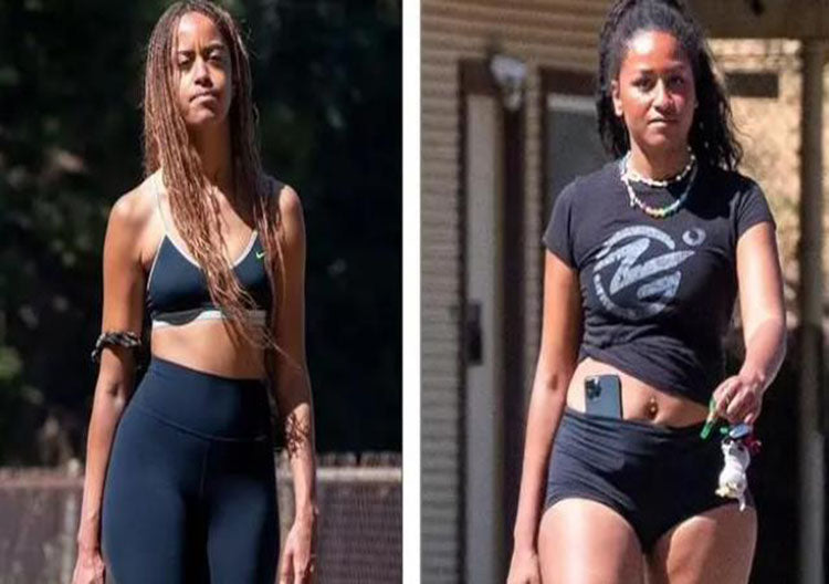 Obama's daughter hiking in the mountains, sister's abs looming, sister's hot pants belly button ring