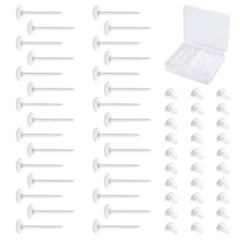 Plastic Earrings, 100 PCS Invisible Clear Earrings for Sports, Clear Plastic Post Earring Studs for Sports, Flat Silicone Earrings Rubber Earrings Clear Earrings for Work