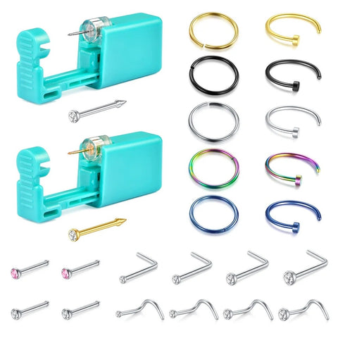 Nose Piercing Kit- 2 Pack Disposable Safety Nose Piercing Gun with 22PCS Nose Jewelry Nose Studs Ring Hoop