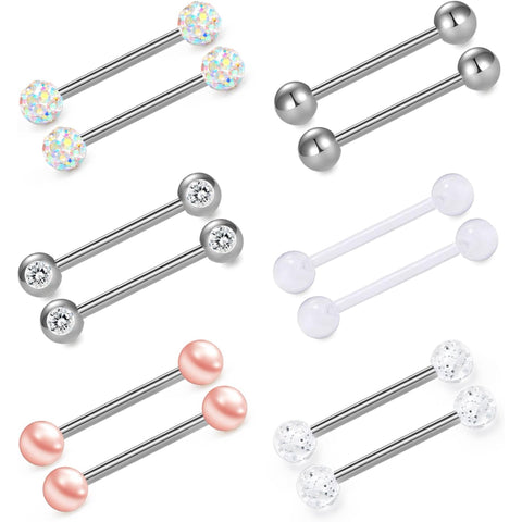 14G 6 Pairs Nipple Rings Tongue Ring 5/8" Surgical Steel Silver Briana Williams Piercing Barbells