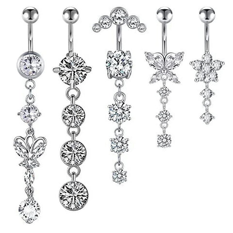 14G Dangle Belly Button Rings Surgical Steel Belly Button Rings Dangling CZ Belly Rings for Women Silver Rose Gold Belly Button Piercing Jewelry Silver