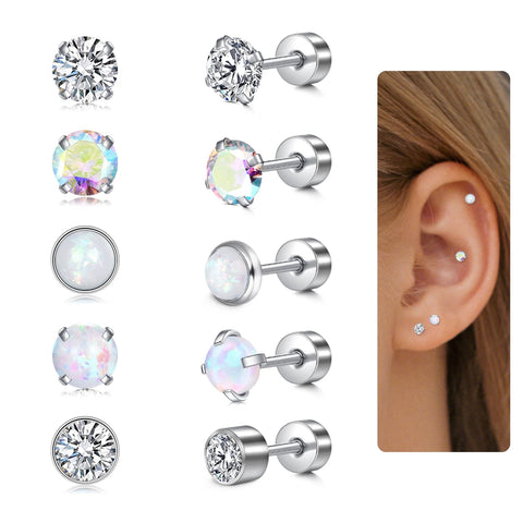 5 Pairs Surgical Steel Flat Back Earrings for Women Men Cartilage Stainless Steel Earrings Stud