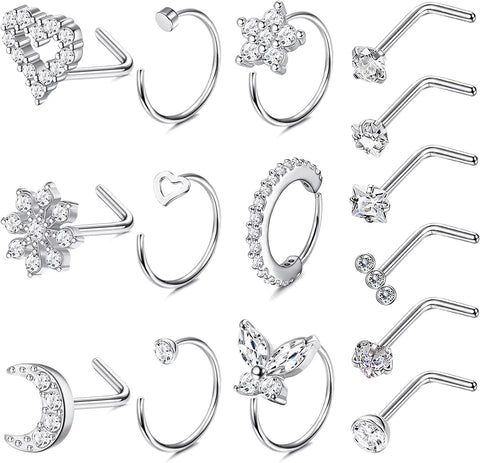 20G Nose Rings for Women Surgical Steel Nose Ring Hoops Heart CZ Flower