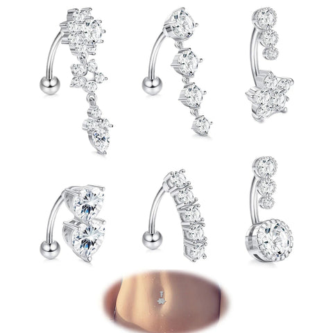 14G Dangle Belly Button Rings for Women CZ Heart Reverse Curved Navel Ring