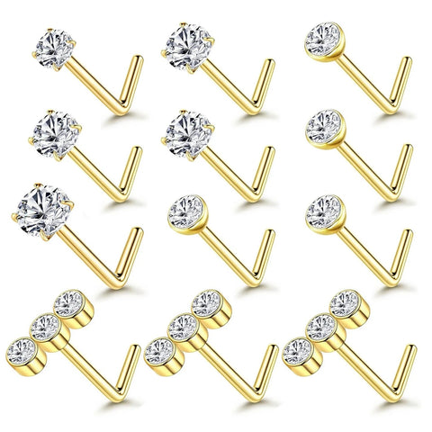 20G Nose Studs L Shaped Round Diamond CZ Opal Nose Rings Stud for Women Men