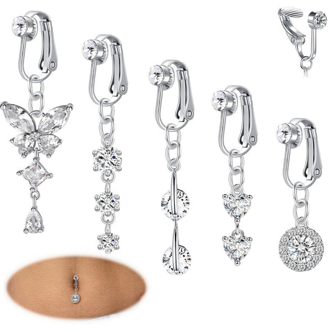 Fake Belly Button Ring Clip on Belly Button Rings for Women CZ Dangle Belly Button Rings Heart Belly Rings Non Piercing Jewelry Silver