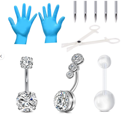 Body Piercing kit, 14G 316L Stainless Steel Silver Belly Button Ring with 12G Piercing Needles and Piercing Clamps Body Piercing Tool