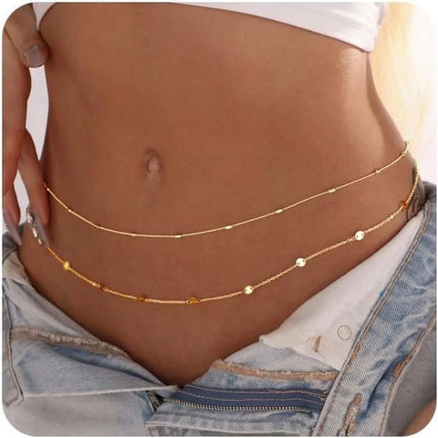 2PCS 36Inch Waist Chain for Women Gold Body Belly Chain for the Waist Adjustable Layered Waist Chain for Summer Beach Bikini