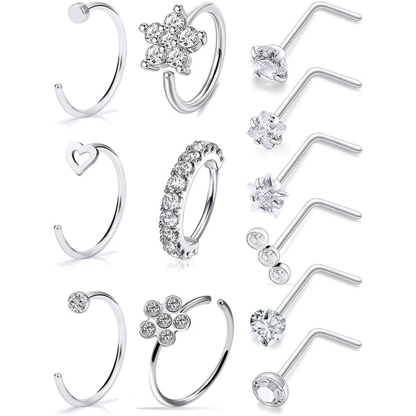 20G Surgical Steel Nose Rings Hoop Paved CZ Flower Nose Piercing Jewelry