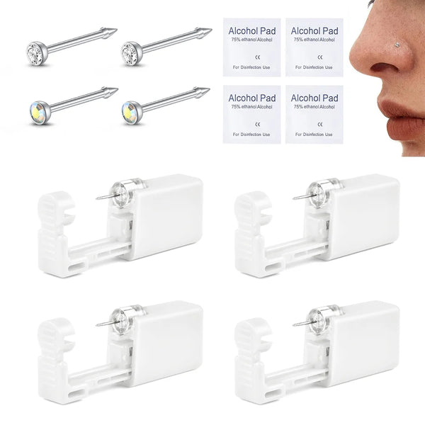 4-Pack Disposable Self Piercing Kit with Built-in Nose Studs, Very Safe Piercing Gun, Simple and Convenient Operation, Ideal for Family Use (White)