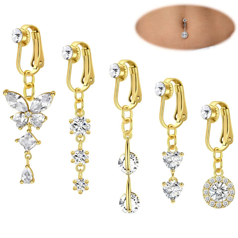 Fake Belly Button Ring Clip on Belly Button Rings for Women CZ Dangle Belly Button Rings Heart Belly Rings Non Piercing Jewelry