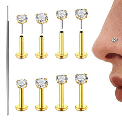 18G Threadless Nose Studs CZ Nose Rings for Women Men Push Pin Lip Stud Rings Flat Back Earrings