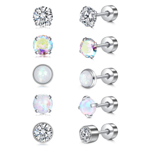 5 Pairs Surgical Steel Flat Back Earrings for Women Men Cartilage Stainless Steel Earrings Stud