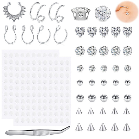 35PCS Fake Belly Piercing Cubic Zirconia Belly Button Rings Ear Lip Eyebrow Nose Non Piercing Studs Fake Piercing Jewelry