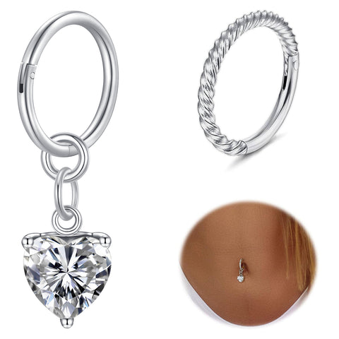 2Pcs Belly Button Rings for Women Clicker Belly Rings Hoop CZ Heart Butterfly Dangle Navel Rings 14G