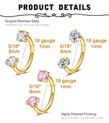 18G Horseshoe Nose Ring CZ Silver Gold Nose Hoops for Women Half Hoop Earring Hoops Horse Shoe Daith Tragus Earring Hoop Helix Piercing Jewelry Double Gem Horseshoe Septum Ring 8mm