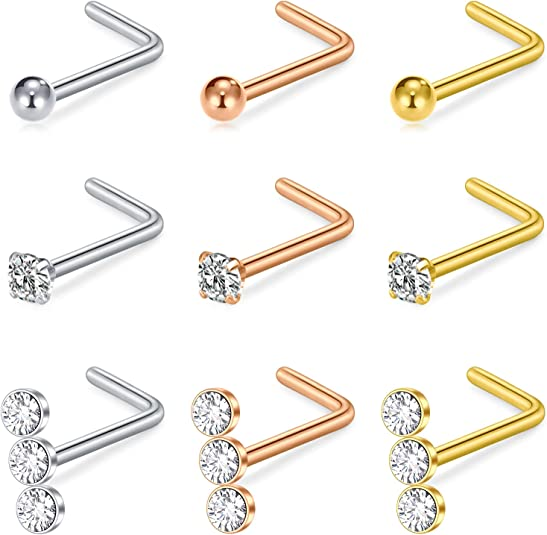 D.Bella 9Pcs Nose Studs 20G Nose Rings Studs Surgical Steel L Shaped Nose Rings for Women Mix-Color
