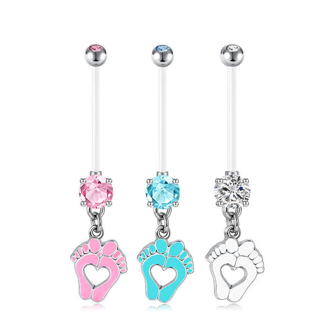 Baby Feet With CZ 14G Pregnancy Belly Button Ring White Pink Blue 25MM 32MM 35MM Available