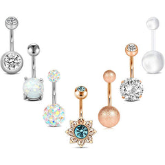 D.Bella 14g Belly Button Rings Surgical Steel CZ with Retainers Navel Ring Barbell Rose Gold Silver