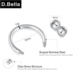 D.Bella 14G 10mm Surgical Steel Nose Septum Horseshoe Hoop Silver and Black