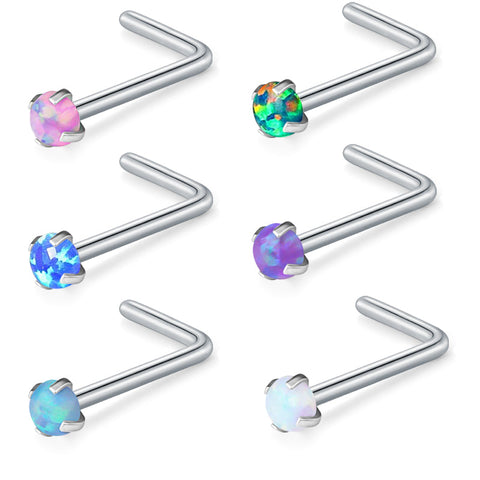 20g Stainless Steel L Shape Opal Nose Rings for Women Nose Stud Ring Piercing