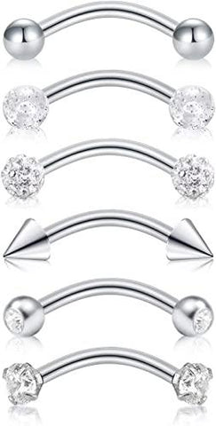 D.Bella 6pcs 16G Rook Earrings Cubic Zirconia Curved Barbell Eyebrow Rings Rook Daith Earrings 8mm (5/16")