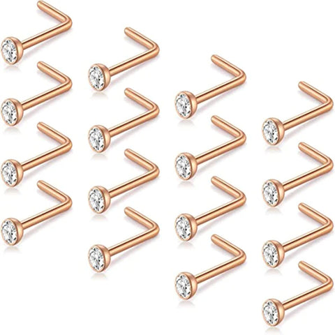 D.Bella 20G Nose Studs Stainless Steel 2mm Opal CZ L Shaped Nose Rings Studs Set