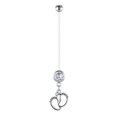 Cute Little Feet 14G Pregnancy Belly Ring Inlaid CZ Acrylic 38MM Silver Available