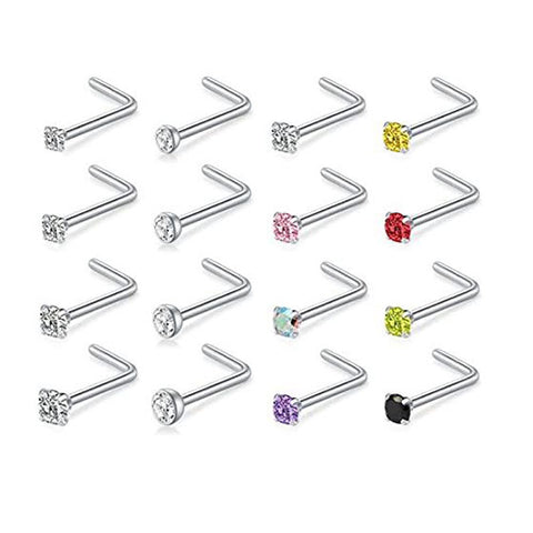 D.Bella 18G L Shaped CZ Nose Rings Studs Silver Nostrial Piercing Jewerly