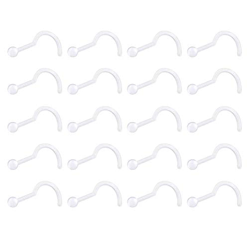 D.Bella 20g Clear Bioflex Nose Rings Stud Retainer Clear Nose Ring Screw Top Ball 20Pcs