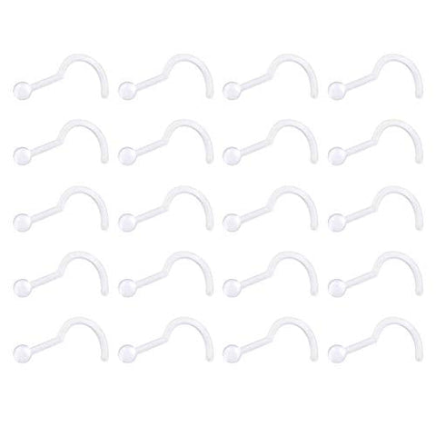 D.Bella 20g Clear Bioflex Nose Rings Stud Retainer Clear Nose Ring Screw Top Ball 20Pcs
