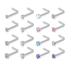 D.Bella L Shaped Nose Studs CZ Nose Rings Studs Silver