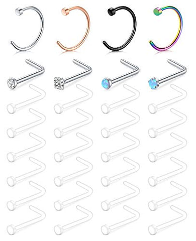 D.Bella 18G Clear Nose Retainer Nose Piercing Retainer & Stainless Steel CZ Opal L Nose Studs C Shape