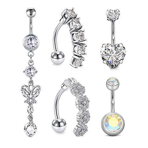 D.Bella Belly Button Rings 14G Dangle Reverse Belly Ring Sparkly CZ Navel Piercings