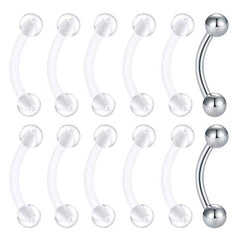 D.Bella 12pcs 16G Clear Flexible Bioflex & Stainess Steel Eyebrow Rings Helix Rook Daith Tragus Earring Retainer Cartilage Piercing