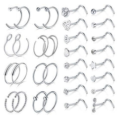 D.Bella Surgical Stainless Steel 20G 8mm Nose Rings Hoop L Shaped Bone Screw Nose Rings Studs 32pcs Nose Piercing Jewelry Set