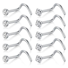 D.Bella Nose Rings 10Pcs 18G Nose Screw Rings Studs Surgical Steel Piercing Jewelry 2mm Clear CZ Silver