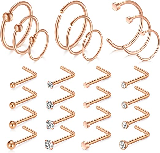 D.Bella 25pcs 18G Nose Rings Studs Stainless Steel Nose Rings Hoop L Shaped Nose Studs Rings Piercing Jewelry 1.5mm 2mm 2.5mm 3mm CZ