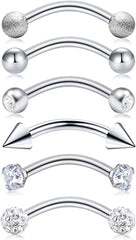 6pcs Stainless Steel Rook Daith Earrings Belly Lip Ring Eyebrow Studs Cartilage Tragus Cubic Zirconia Barbell Sliver 8mm (5/16")