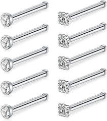 D.Bella 20G Surgical Steel Flat & Ball & Clear Diamond CZ Nose Stud Rings Bone Nose Straight Stud Piercing Jewelry