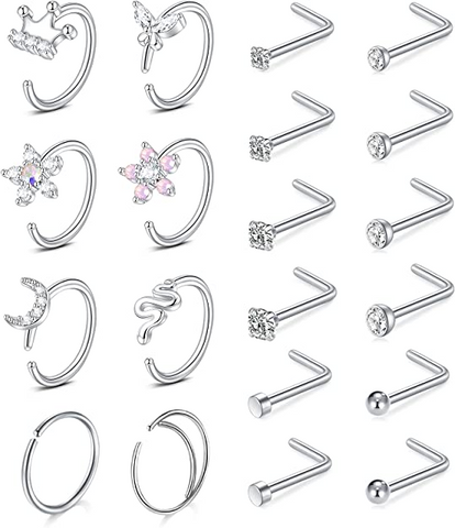 D.Bella 20Pcs 18g Nose Rings Hoops Studs Nose Piercings L Shaped Nose Studs Screw Silver
