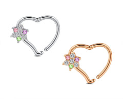 Heart Daith Earring Stainless Steel 16G 10mm Ring Silver Rosegold with Flower CZ