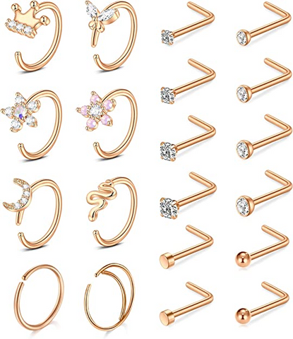 D.Bella 20Pcs 18g Nose Rings Hoops Studs Nose Piercings L Shaped Nose Studs Screw Rose Gold