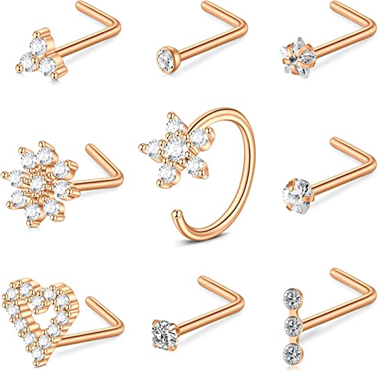 D.Bella Nose Studs 20G Nose Rings Studs Surgical Steel L Shaped Nose Rings for Women Rose Gold