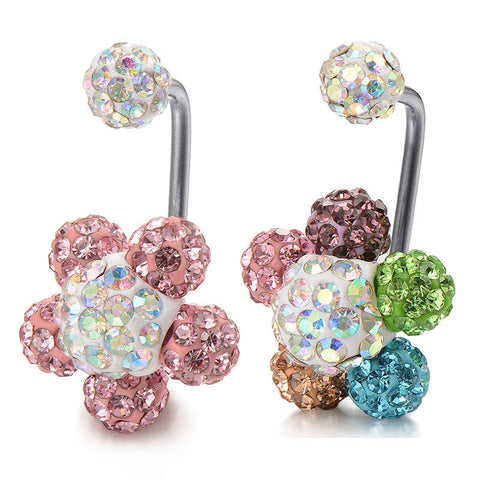 Disco CZ Ball Flower Belly Button Ring 14G Surgical Steel Belly Navel Ring Piercing Jewelry